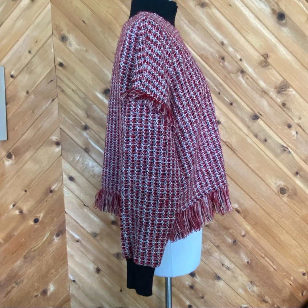 Zara Red Black Mock-Neck Tweed Fringe Pullover Sweater - Picture 5 of 9